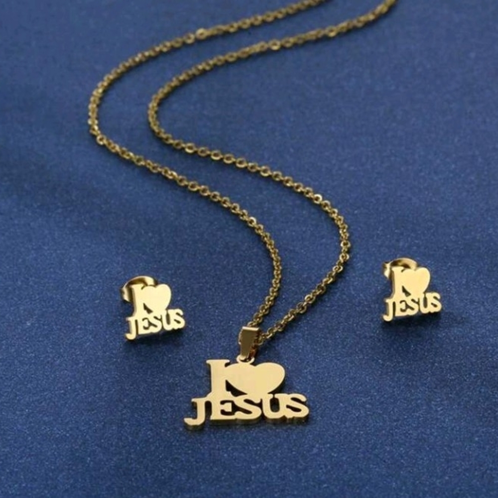 Gold 'I Love Jesus' Necklace and Earring Set